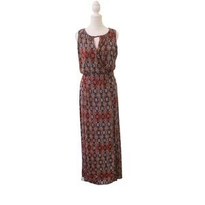 Bobeau Orange Pattern Sleeveless Maxi Dress with Peekaboo Accent, Size Medium